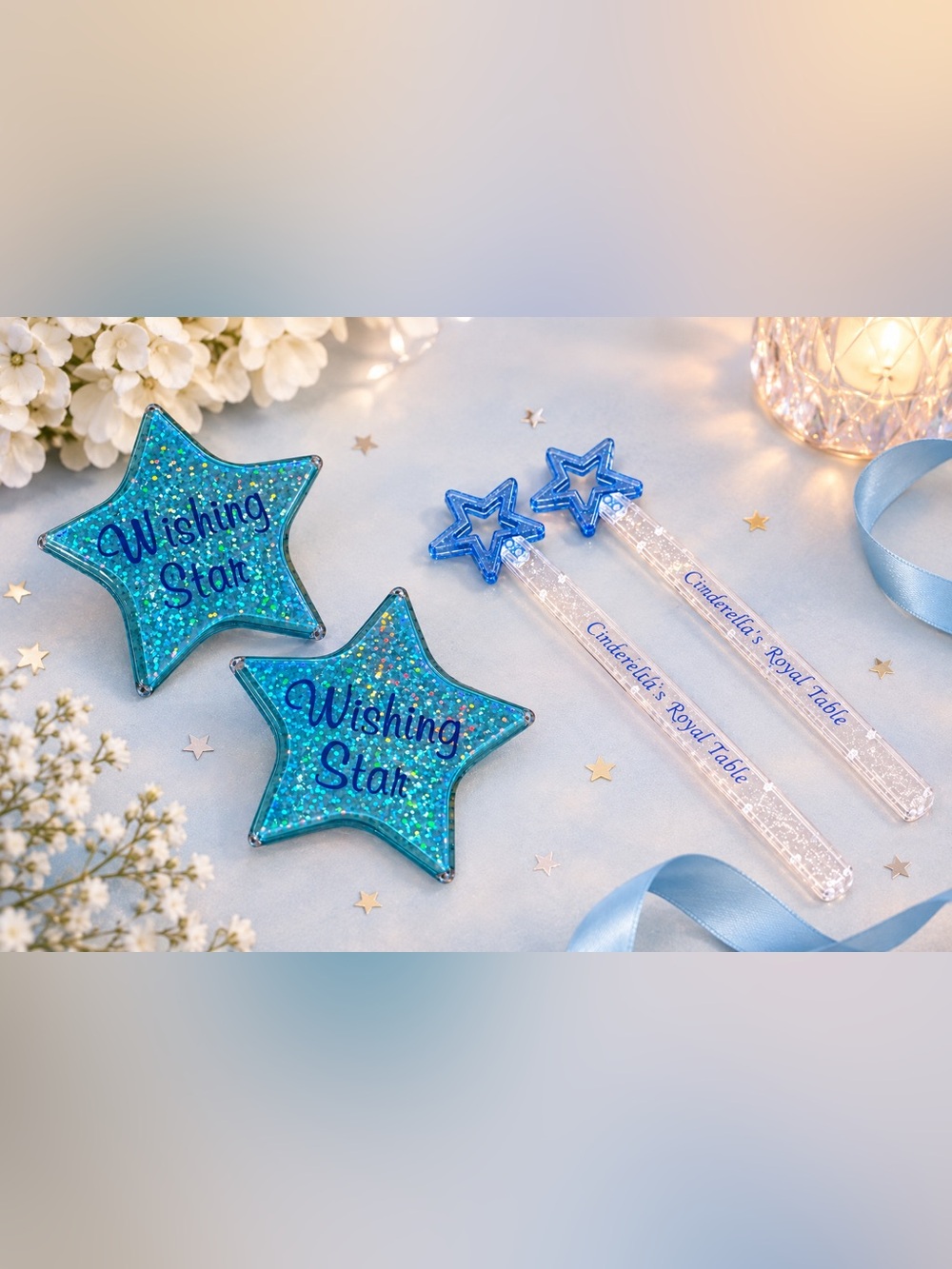 NEW DISNEY CINDERELLAS ROYAL TABLE SET OF 4 ITEMS (2 )17” WANDS (2)WISHING STARS